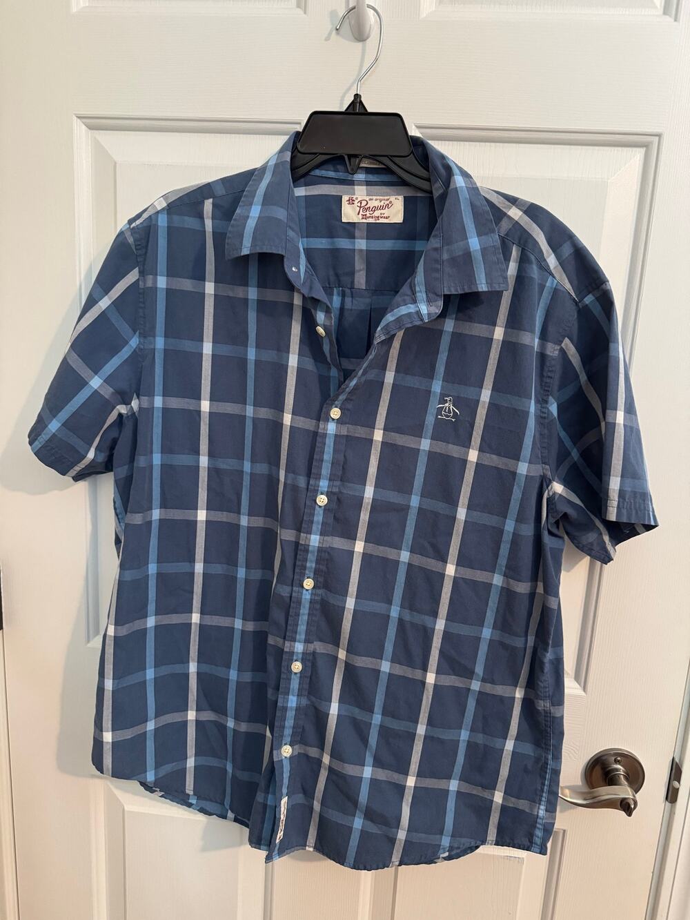 Original Penguin by Munsingwear Short Sleeve Button Down Plaid Blue White XL